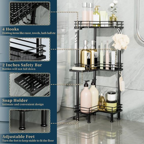 Consumest 3-Tier Corner Shower Caddy - Stainless Steel Organizer with Soap Holder & 4 Hooks, Black