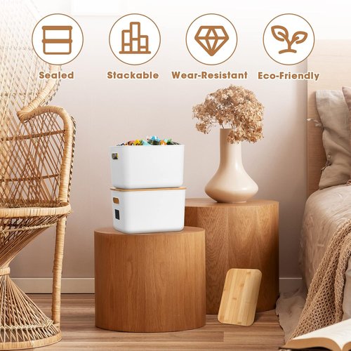 Geosar Storage Bins - 6 Pcs Stackable Plastic Containers with Bamboo Lids & Labels | 10.1x7x6.69 In (White)