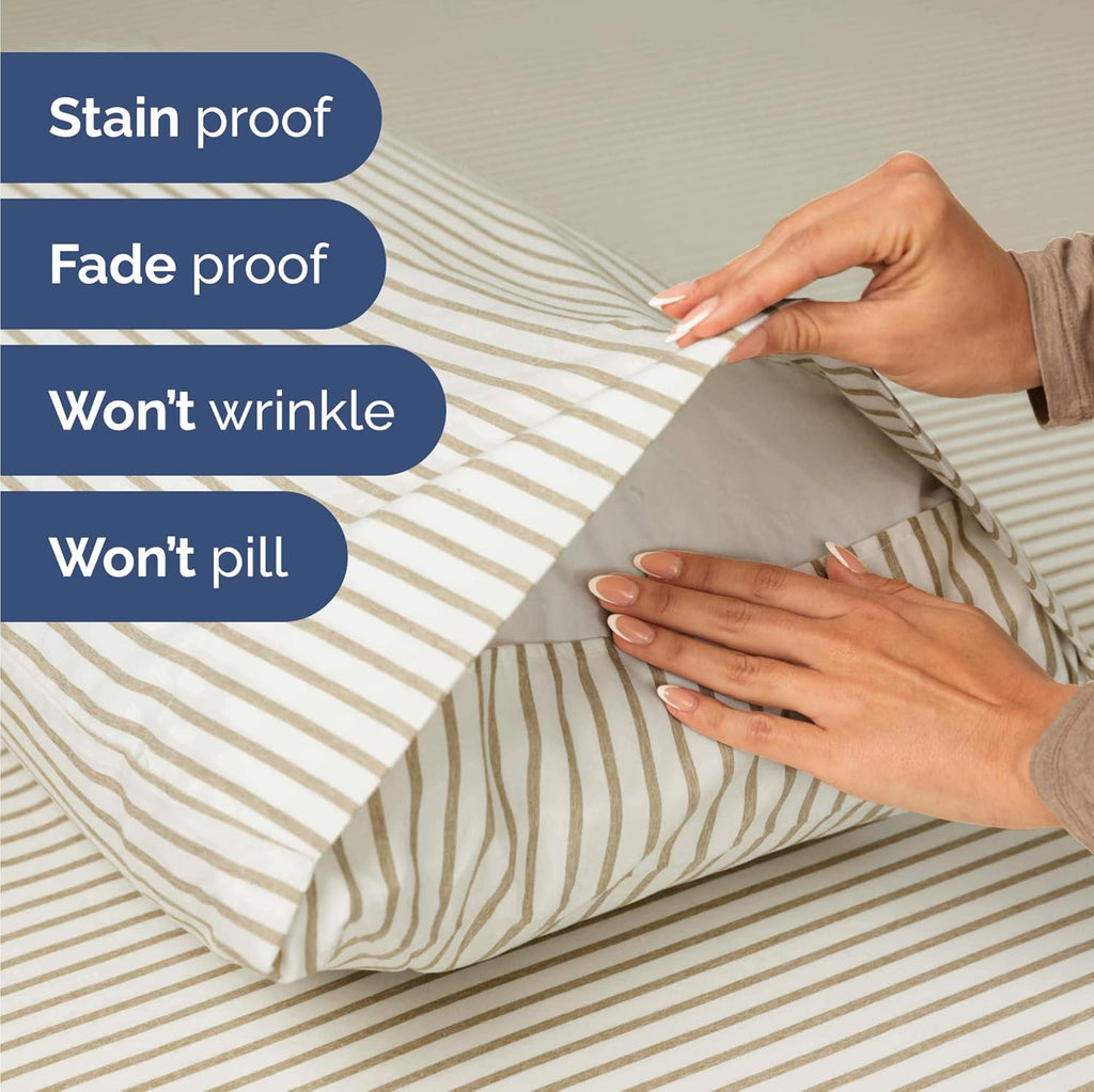 Skiennix Twin Size 3-Piece Sheet Set - Comfy Cooling Bed Sheets with Deep Pockets - Oeko-Tex Beige Stripes