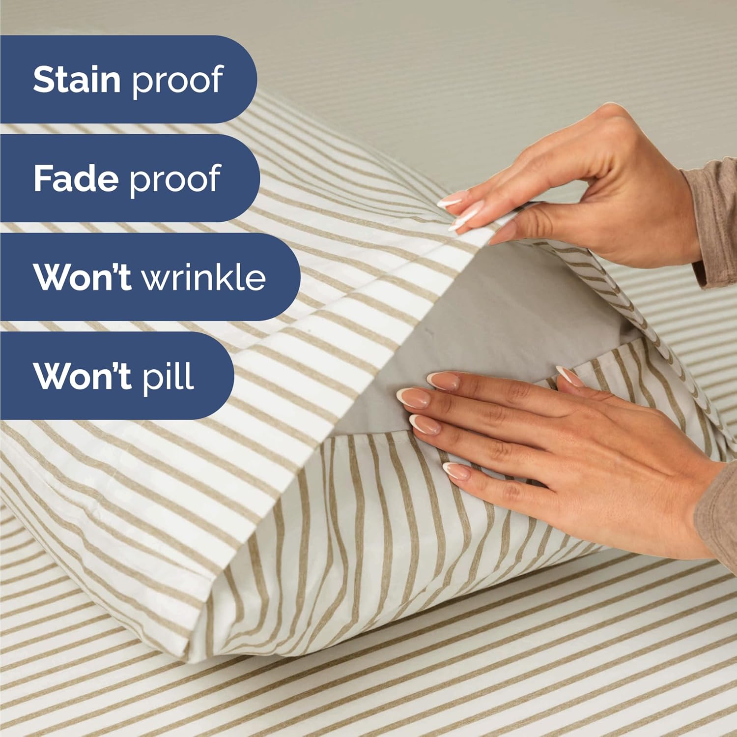 Skiennix Twin Size 3-Piece Sheet Set - Comfy Cooling Bed Sheets with Deep Pockets - Oeko-Tex Beige Stripes