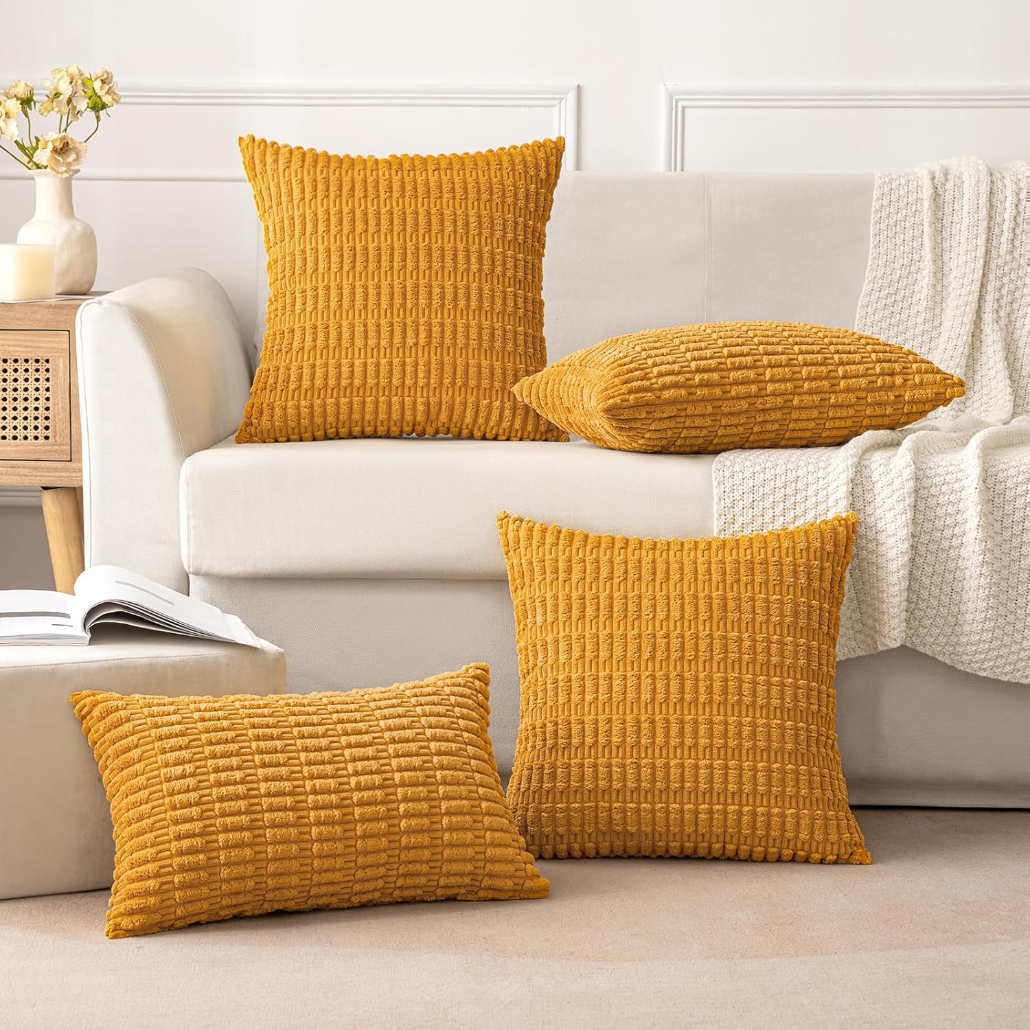 MIULEE Corduroy Throw Pillow Covers - Soft Boho Striped Design | 16x16 Inch, Gold Yellow for Modern Home Decor