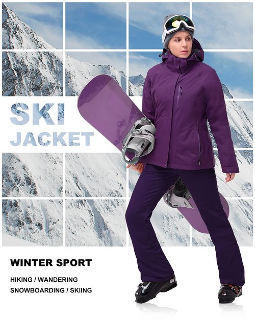 33,000ft Women's Waterproof 3-IN-1 Ski Jacket, Warm Fleece Insulated Winter Snow Coat Windproof Rain Jackets Parka Hooded for Traveling Climbing Hiking