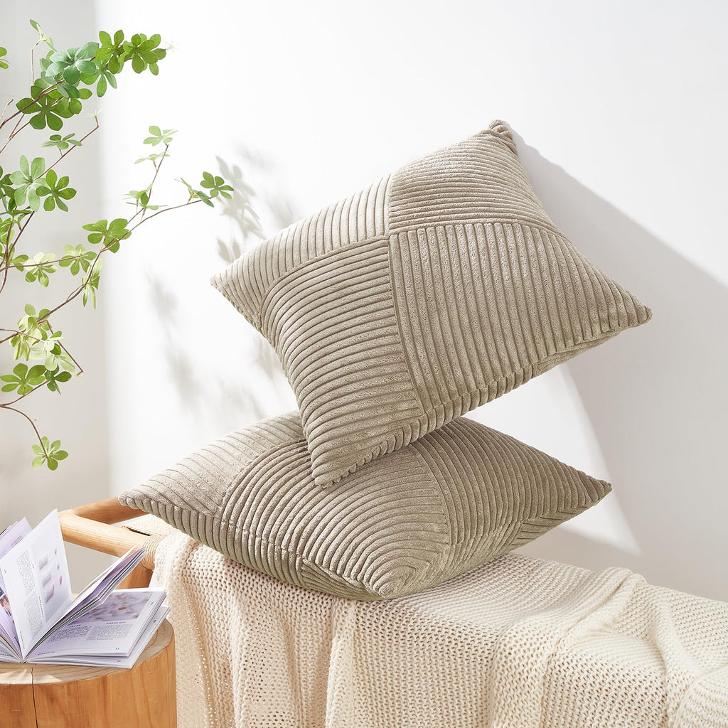 Topfinel Pack of 2 Decorative Throw Pillow Covers 18x18 Inch Soft Corduroy Boho Textured Striped Patchwork Pillow Covers Farmhouse Rustic Home Decor for Spring Sofa Living Room Couch Bed Lightbrown