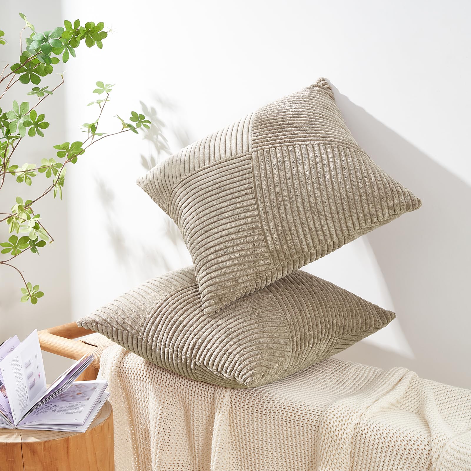 Topfinel Pack of 2 Decorative Throw Pillow Covers 18x18 Inch Soft Corduroy Boho Textured Striped Patchwork Pillow Covers Farmhouse Rustic Home Decor for Spring Sofa Living Room Couch Bed Lightbrown