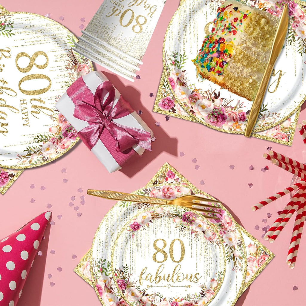 Regine Switzerland 80th Birthday Party Tableware Set - 142 Pcs Rose Gold Decorations | Plates, Napkins & Banner
