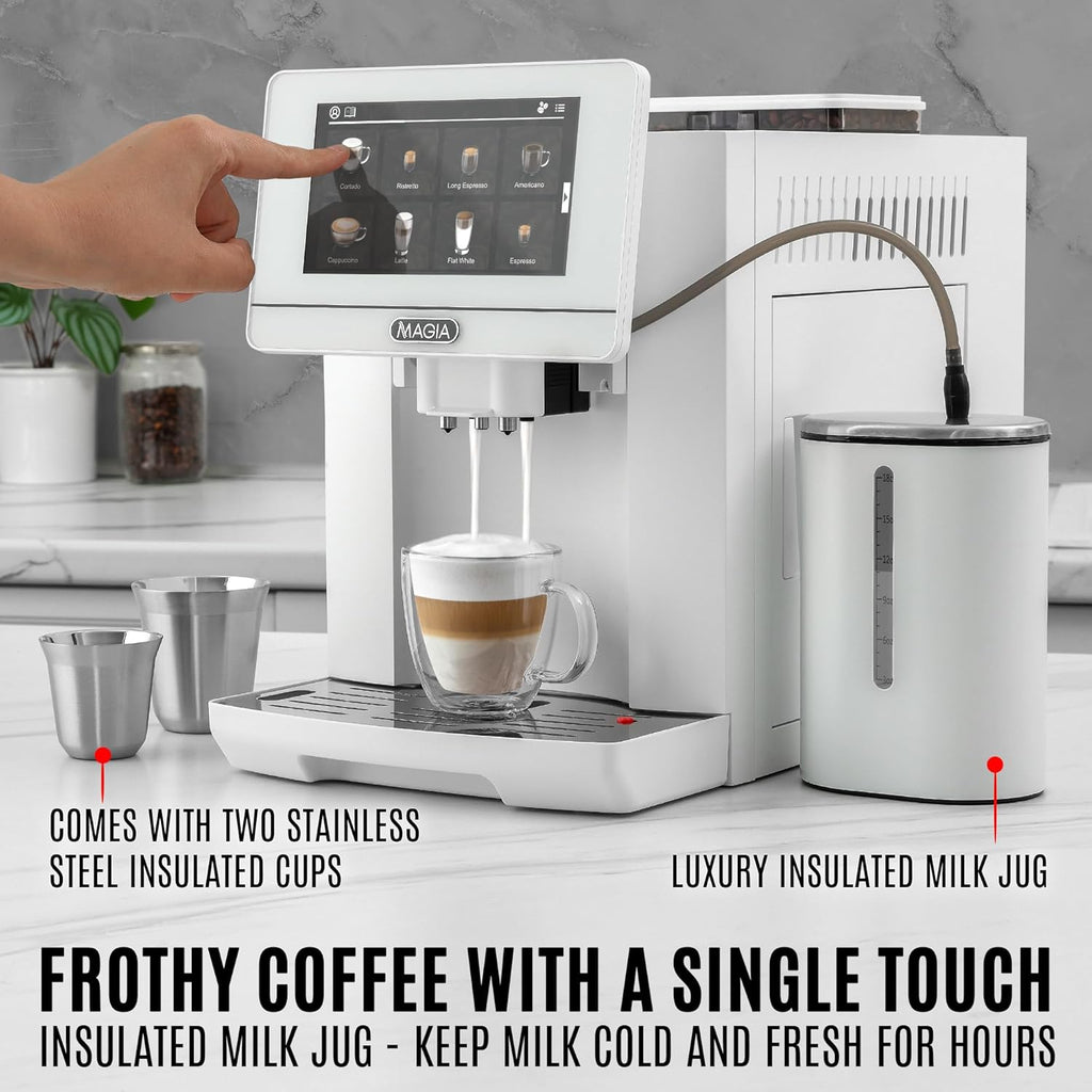 Zulay Magia Fully Automatic Espresso Machine - 19 Customizable Coffee Options | Includes Insulated Milk Container & Deluxe Cups - Auto-Cleaning - OG White