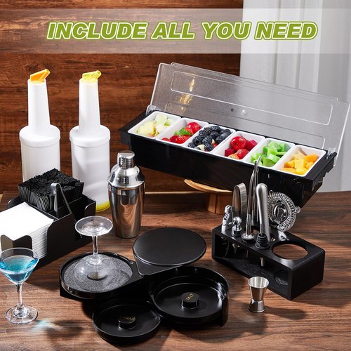 Mifoci 23 Pcs Bartender Supplies Kit Garnish Tray for Bartenders with Bar Caddy 3 Tier Salt Rimmer 13 Pcs Cocktail Shaker Set and Bar Accessory for Christmas Bartender Gifts Beginners(6 Compartments)