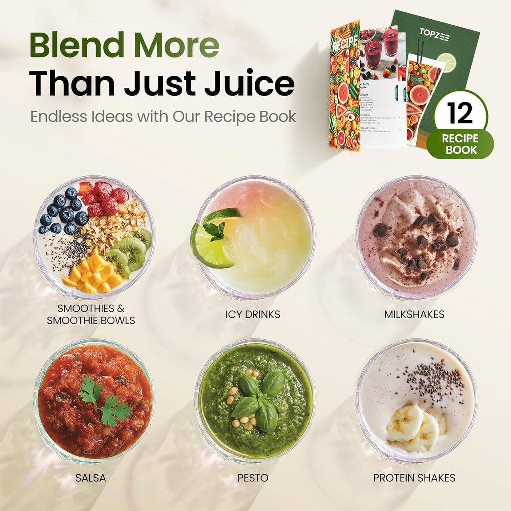 TOPZEE Personal Smoothie Blender - 1000W Single-Serve with 24oz To-Go Cup | Ideal for Protein Shakes & Smoothies, Black