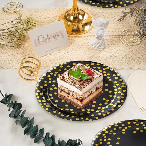 qonimi 50 Pcs Black and Gold Paper Plates 7 Inches Gold Foil Dot Disposable Dessert Party Paper Plates Party Supplies for Birthday Graduation Wedding Holiday Christmas