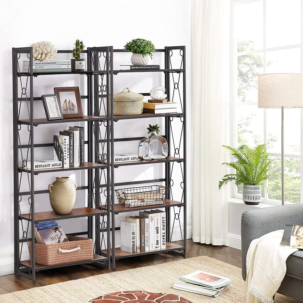 VECELO Folding Bookshelf 5-Tier,Industrial Metal Frame & Wood Shelves,Foldable Bookcase No Assembly Free Standing Storage Organizer for Living Room,Office,Bedroom