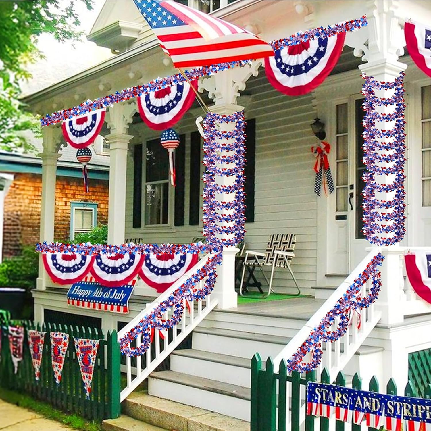 Skiennix 50Ft Glitter Tinsel Garland - Patriotic 4th of July Decorations for Indoor/Outdoor Use