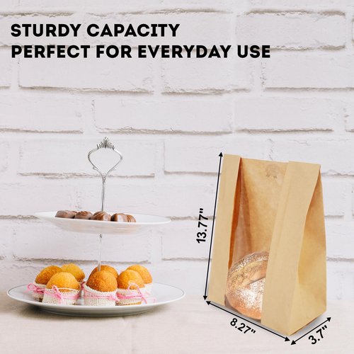50 Sourdough Bread Bags For Homemade Loaf Kraft Brown Paper Bread Bags with Window and Square Bottom Large Bakery Bag - Reusable and Disposable Square Bottom for Easy Storage of Sandwiches and Bagels