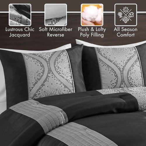 Madison Park Queen Comforter Set Jacquard Comforters for Queen Size Bed, Ogee Print, Pleated Trims, All Season Luxurious Comforters Queen Size Bedding Set, Lori, Full/Queen Black/Silver 6 Piece