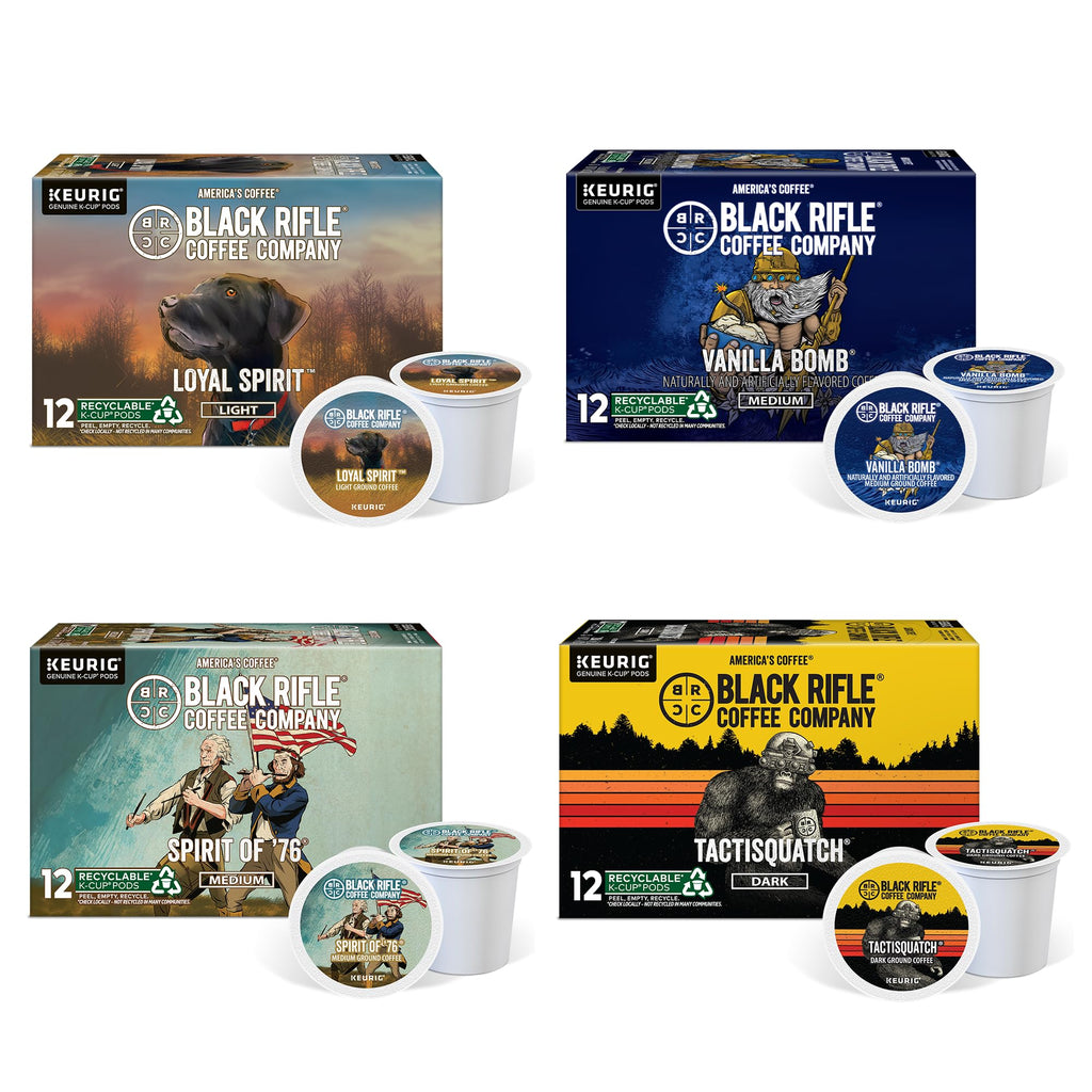 Black Rifle Coffee Flavored Variety 48 Pods - Loyal Spirit (Light Roast), Vanilla Bomb & Spirit of 76' (Medium Roast), Tactisquatch (Dark Roast) - K Cups Coffee Variety Pack