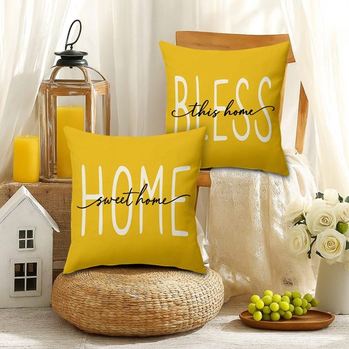 BBOLDIN Spring Summer Throw Pillow Covers 18x18, Yellow Floral Flower Pillow Cases Set of 4, Home Sweet Home Cushion Covers Decorations for Sofa Farmhouse Living Room