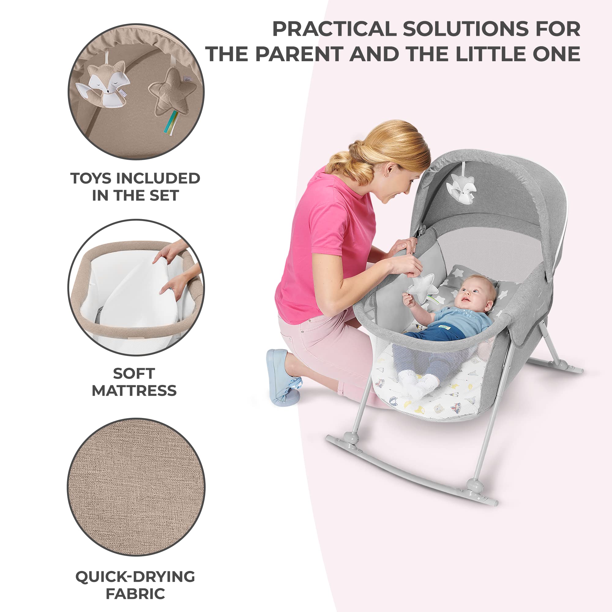 Kinderkraft LOVI Travel Bassinet for Baby, Portable Folding Baby Bed with Built-in Mosquito net, Adjustable Hood and an Additional Cradle Function, Beige