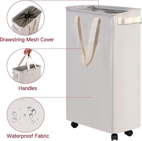 Efluky Slim Laundry Hamper - Rolling Laundry Basket with Wheels, 60L Capacity in Beige | Perfect for Bedroom & Dorm