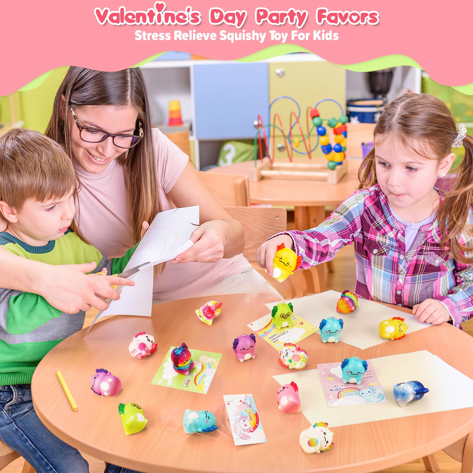 PAKSPAK Valentines Day Gifts for Kids, 24PCS Valentine's Day Cards for Kids Classroom with Axolotl Squishy Toys, Valentine Stress Relief Toys for Kid School Classroom Exchange Gift Party Prize