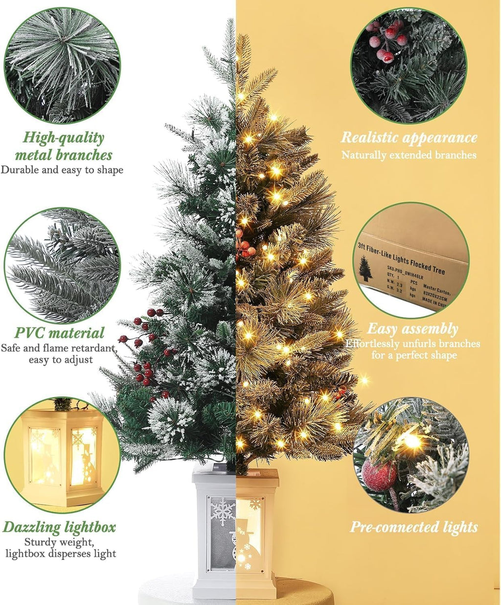 3 Ft Pre-Lit Christmas Tree, Artificial Christmas Trees with Lighting, Xmas Trees with 78 Led Lights, Christmas Decoration for Home, Office, Easy Assembly
