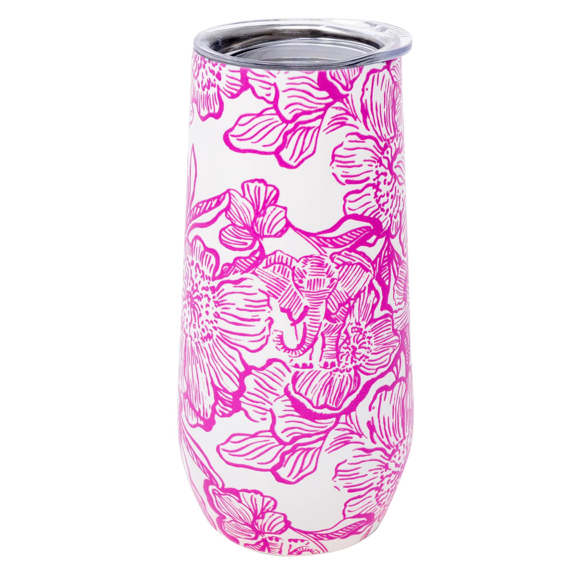 Lilly Pulitzer 10 Oz Stemless Champagne Flute, Small Stainless Steel Tumbler with Lid, Double Wall Insulated Metal Cup (Unforgettable Pink)