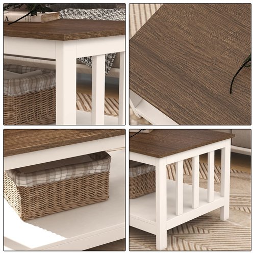 ChooChoo Farmhouse Coffee Table, White Living Room Table with Shelf, 40 Inch
