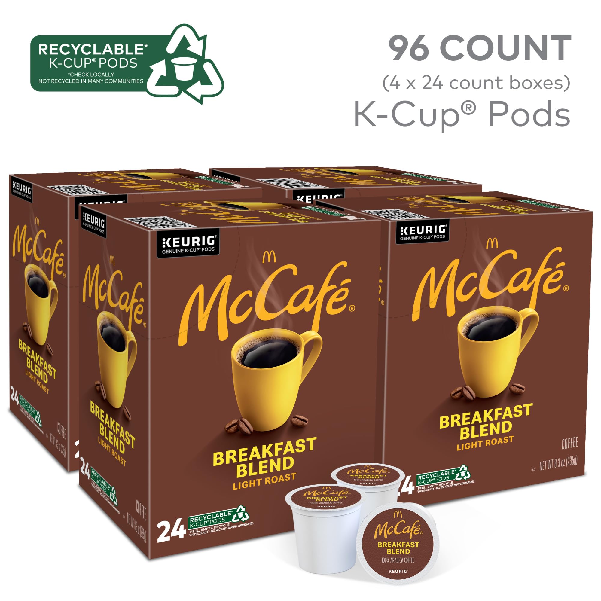 McCafe Breakfast Blend Coffee, Keurig Single Serve Keurig K-Cup Pods, Light Roast, 96 Count (4 Packs of 24)