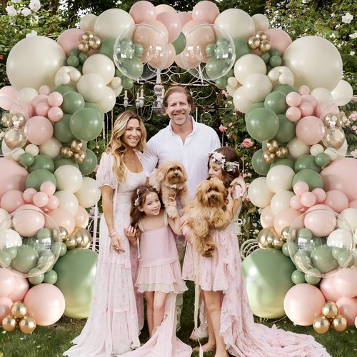 Sage Green Pink Gold Balloon Arch Kit 132Pcs Sage Green Pink Peach Ivory White Gold Clear Balloons for Boho Wildflower Baby Shower Bridal Shower Birthday Party Tea Party Decorations