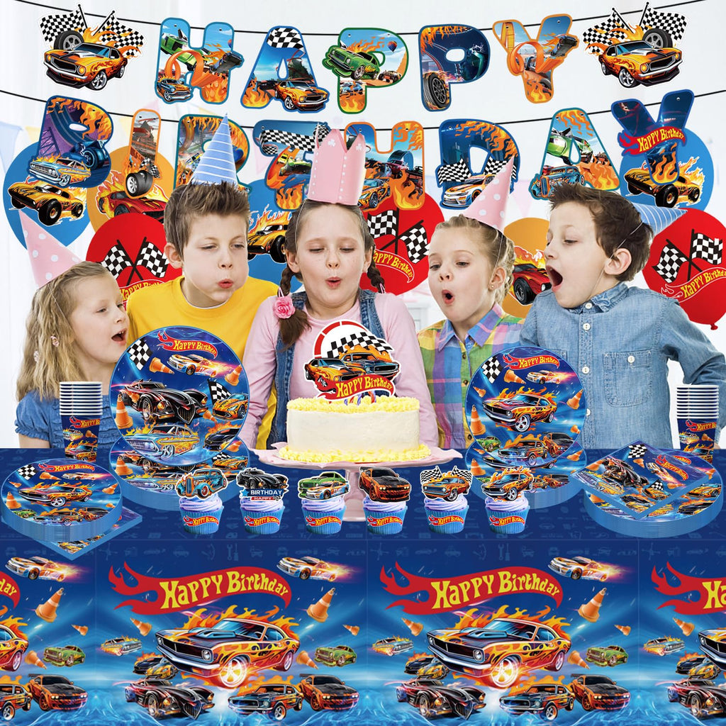 Hot Car Birthday Decorations Tableware 104Pcs Blue Car Themed Party Supplies Include Banner Balloons Plates Napkins Cups Tablecloth Cupcake Toppers and Cake Topper for Birthday Party Decor Sever 20