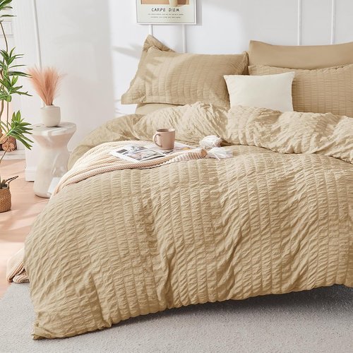HYMOKEGE Comforter Set - Luxury 7-Piece All-Season Bedding in Khaki | Soft Seersucker Design