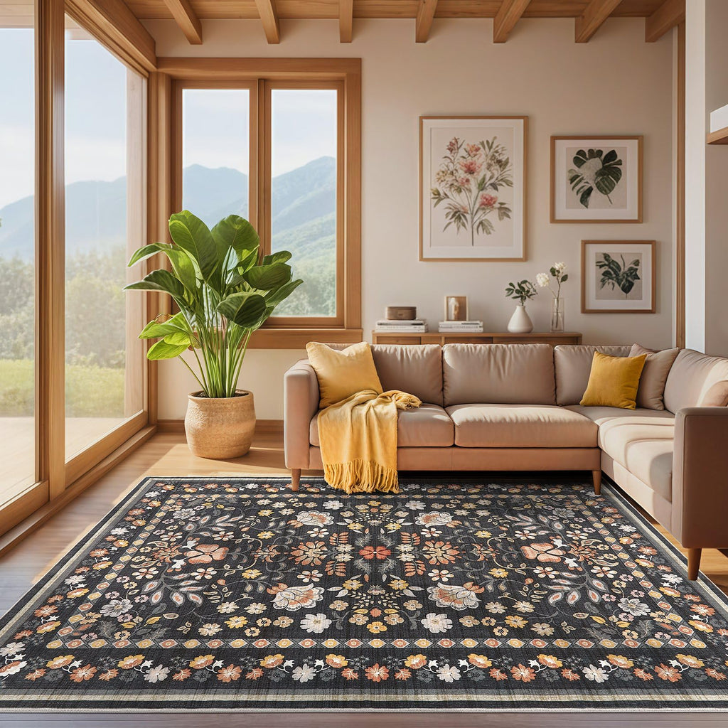 UERMEI Runner Rug for Hallways Kitchen: 2x6 Washable Area Rug Boho Floral Soft Long Rug - Non-Slip Low Pile Throw Indoor Carpet for Entryway Kitchen Bedroom Laundry Bathroom - Black Grey
