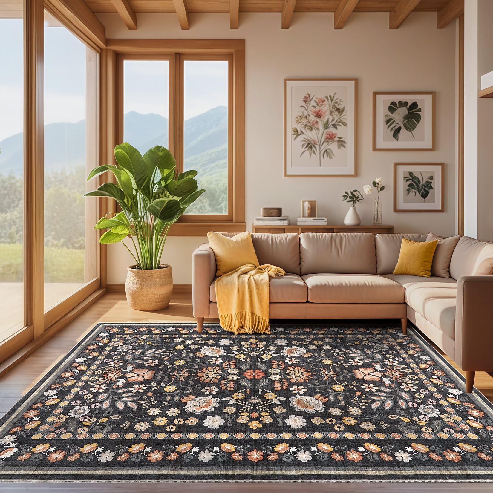 UERMEI Runner Rug for Hallways Kitchen: 2x6 Washable Area Rug Boho Floral Soft Long Rug - Non-Slip Low Pile Throw Indoor Carpet for Entryway Kitchen Bedroom Laundry Bathroom - Black Grey