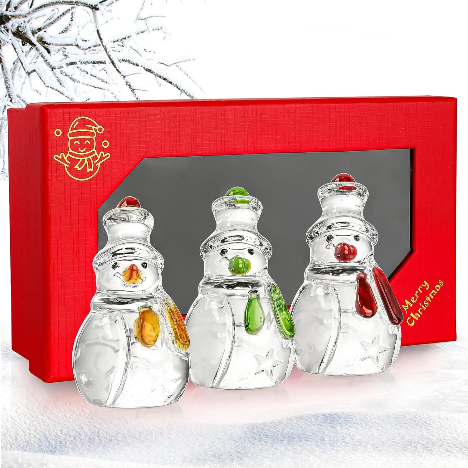 Skiennix Glass Snowman Figurines - Handmade Christmas Decorations | Set of 3, 1.6'' x 4.2''