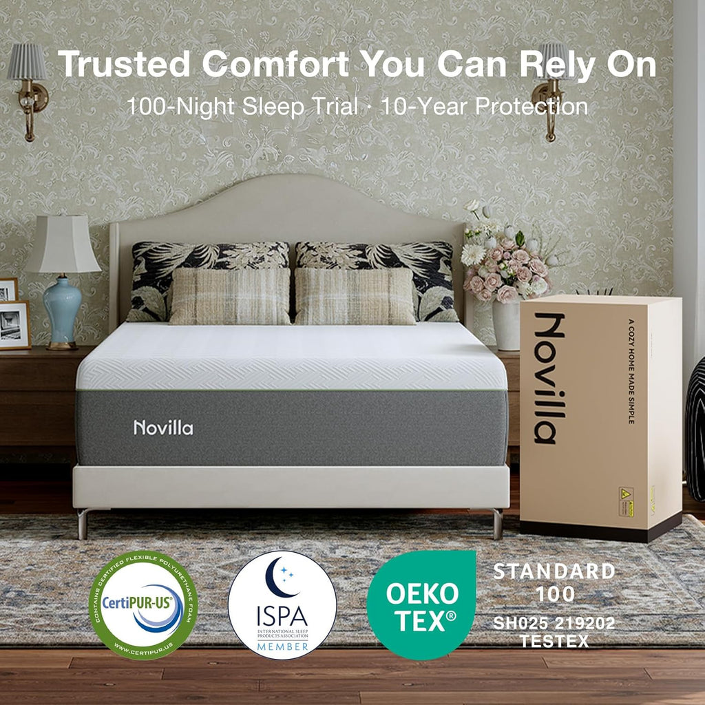 Novilla Bliss Twin XL Mattress - 10 Inch Green Tea Memory Foam for Refreshing Sleep | Cool-Touch Cover & Pain Relief