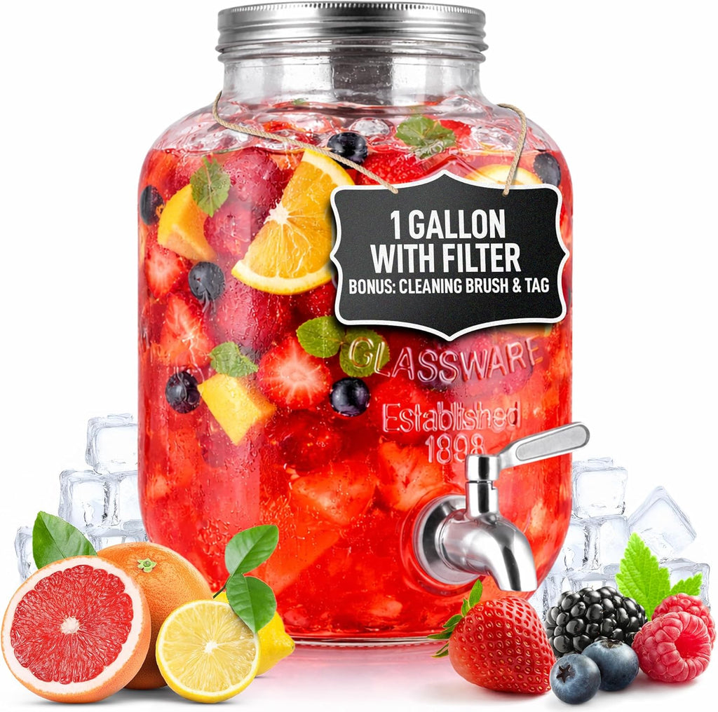 Zulay 1 Gallon Glass Drink Dispenser - Leak-Resistant with Spout Lid & Stainless Steel Filter | Perfect for Parties & Events