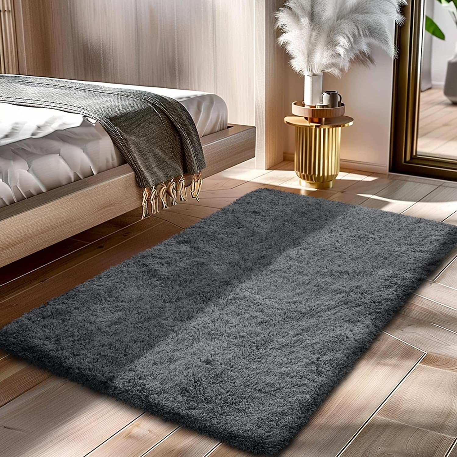 Skiennix Fluffy Shag Area Rug - Soft Grey 2x4 Bedroom & Entryway Decor | Cozy Small Throw Rug