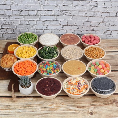 JAYEEY 10 oz Round Disposable salad bowls with lids, Sugarcane Fiber Paper Bowls take away food containers Plant Fibers Freezer Safe 50 Pack