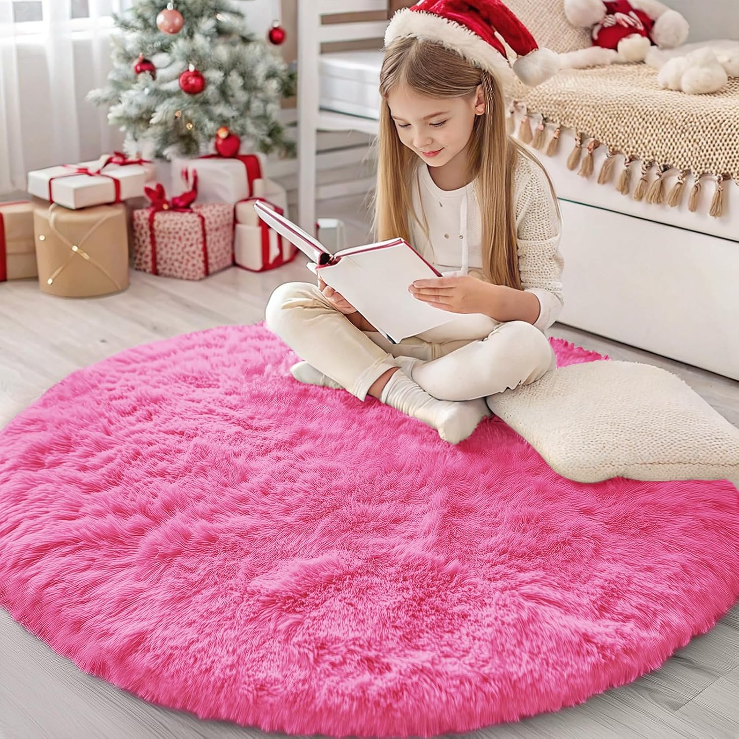 OLANLY Round Hot Pink Area Rug - Soft, Fluffy, Machine Washable 4 ft Circle Carpet for Bedrooms & Nurseries