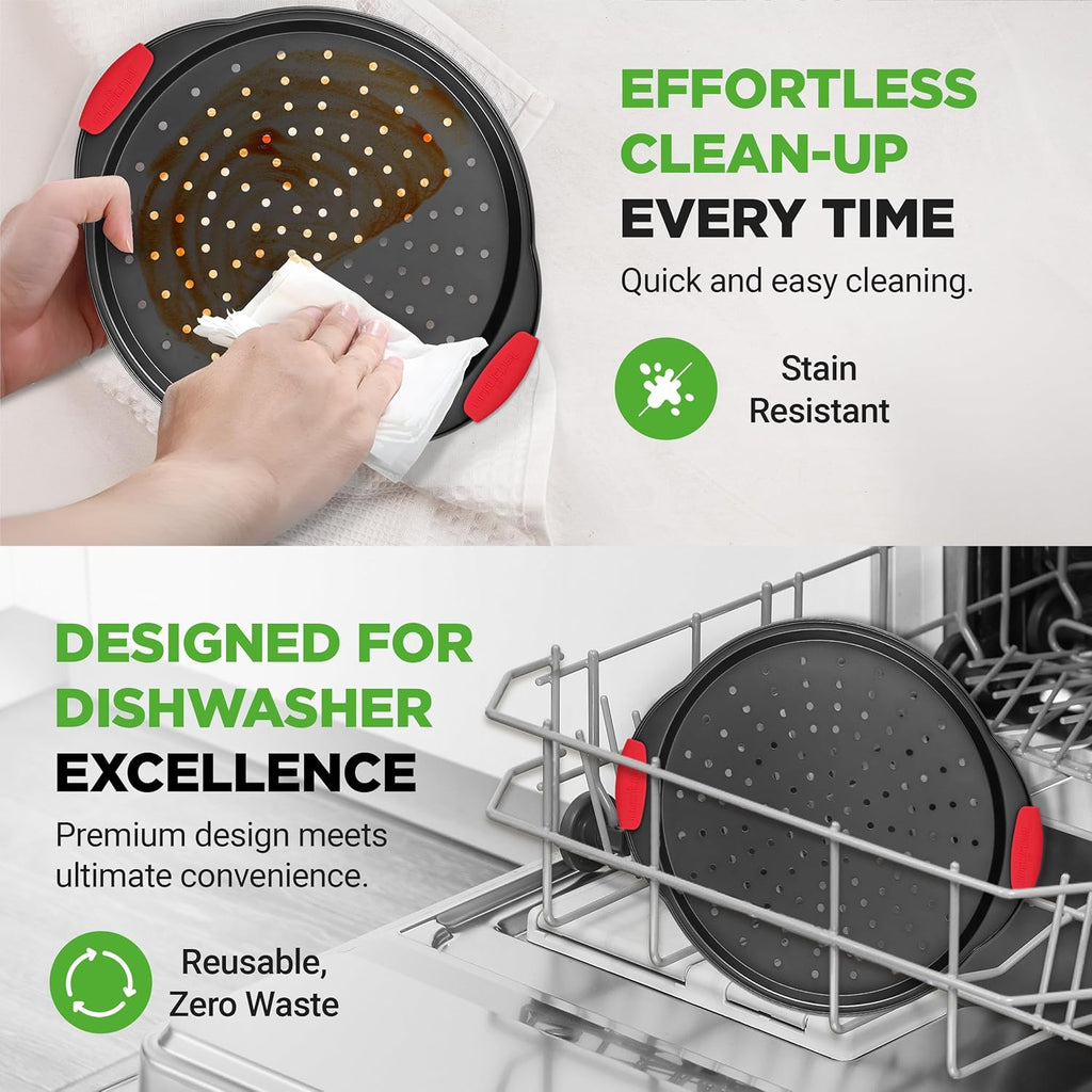 NutriChef 13-Inch Nonstick Pizza Tray | Round Carbon Steel Pan with Perforated Holes & Silicone Grip Handles