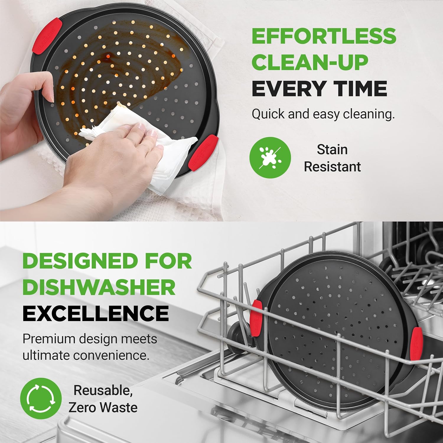 NutriChef 13-Inch Nonstick Pizza Tray | Round Carbon Steel Pan with Perforated Holes & Silicone Grip Handles