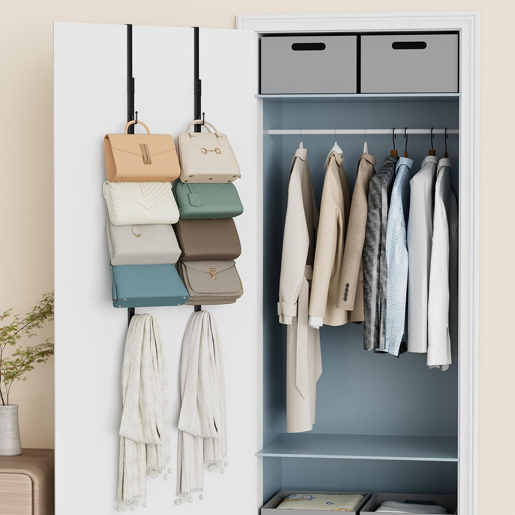 SWTYMIKI Over The Door Purse Organizer - 2-Pack Wall-Mounted Rack with 8 Hooks for 16 Bags | Black