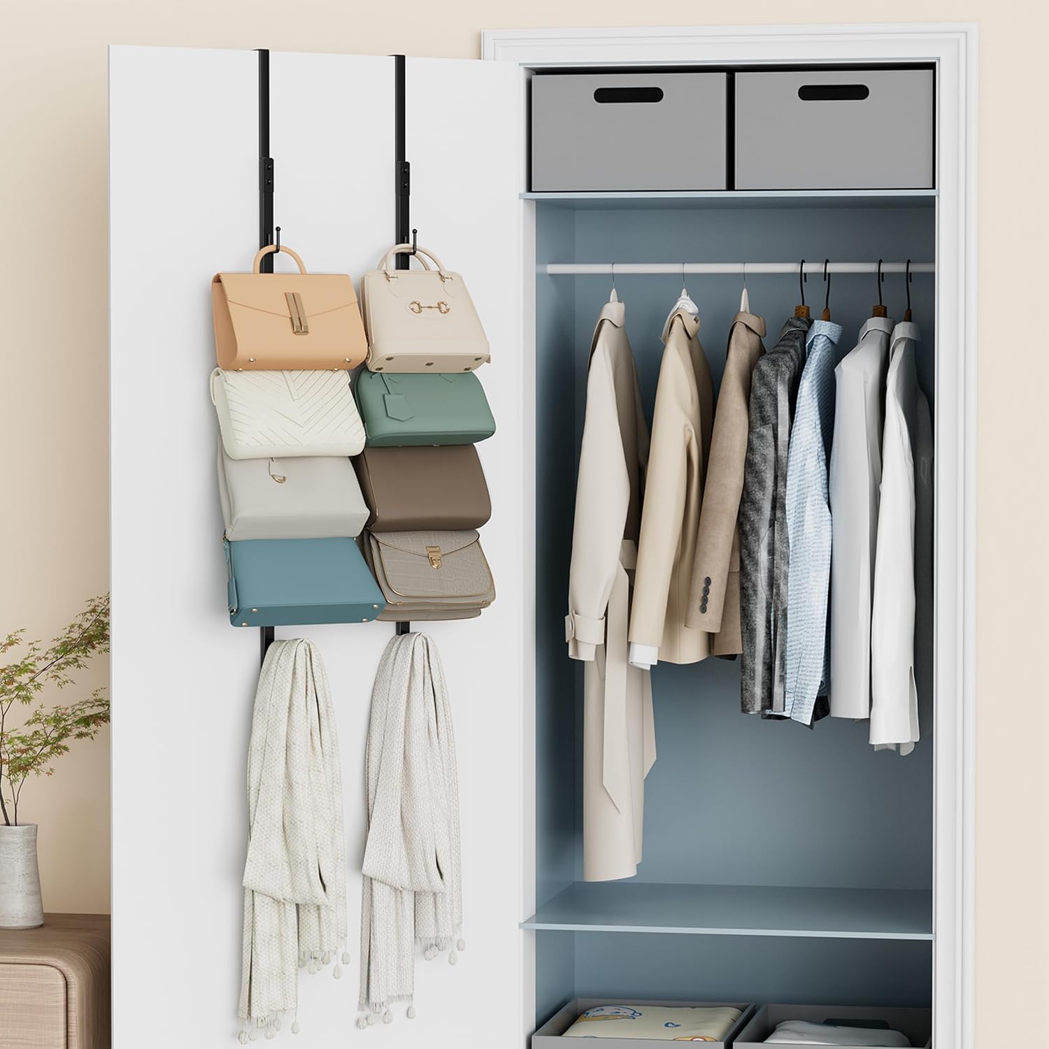 SWTYMIKI Over The Door Purse Organizer - 2-Pack Wall-Mounted Rack with 8 Hooks for 16 Bags | Black
