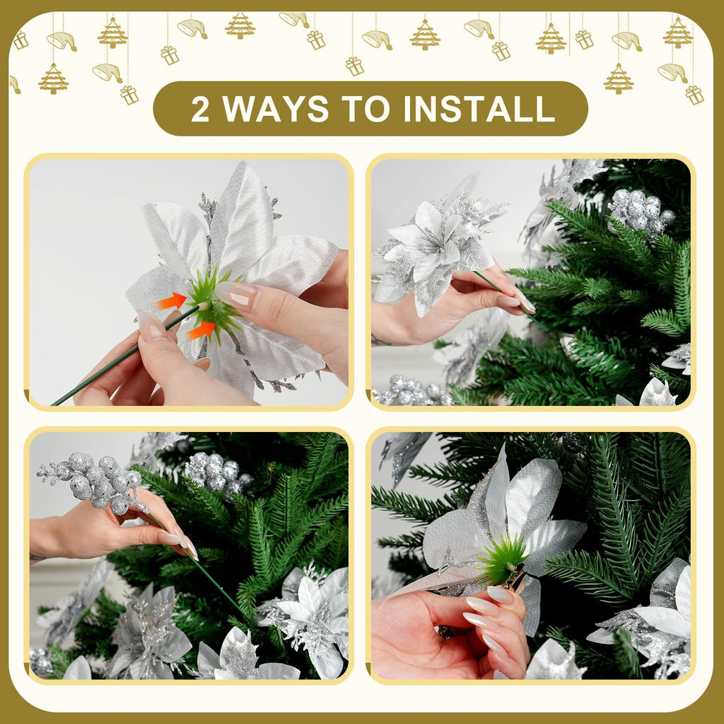 Trytuny Glitter Poinsettia Christmas Ornaments - 50pcs Artificial Flowers with Clips for DIY Wreaths | Silver