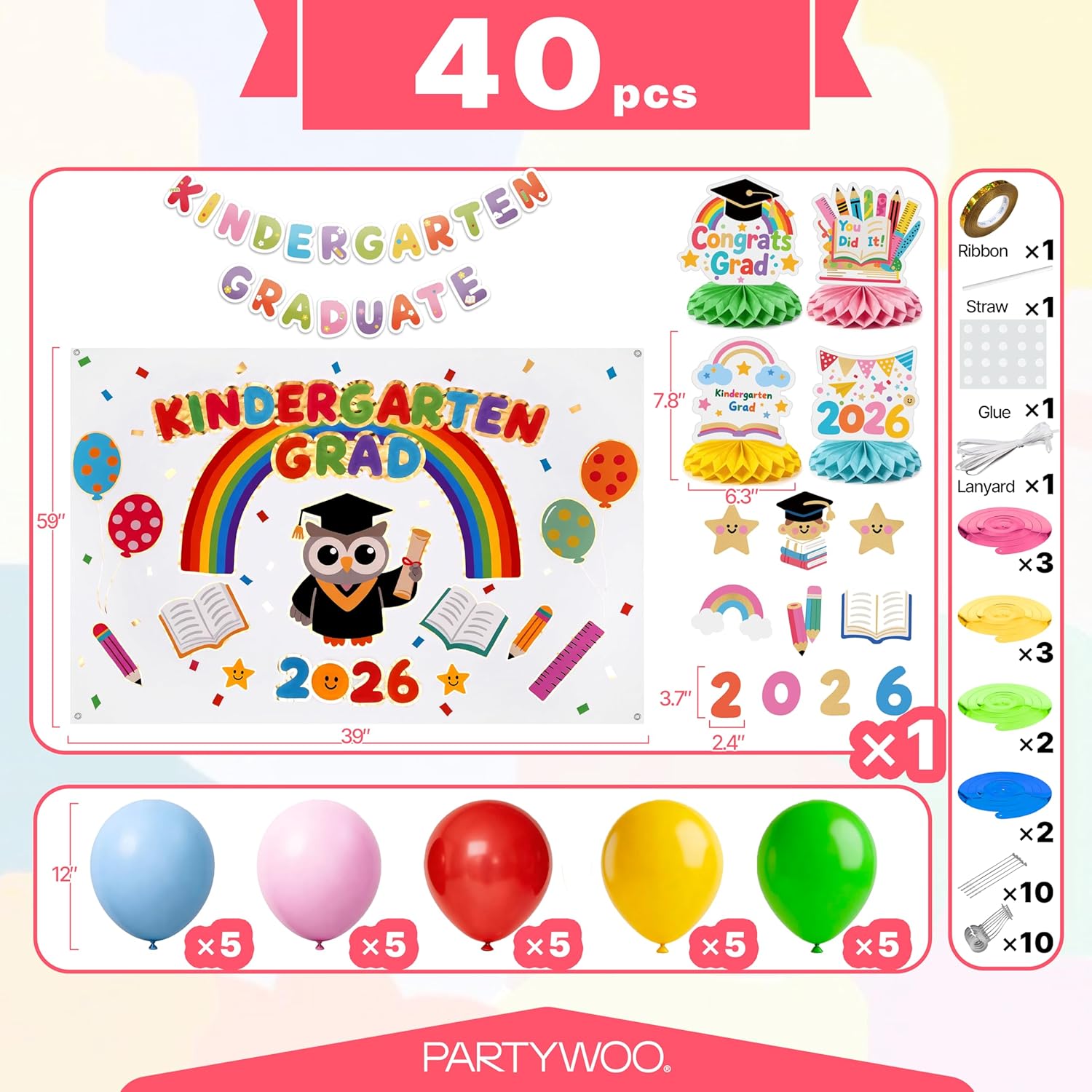 PartyWoo Graduation Decorations 2026 - Colorful Rainbow Party Supplies with Backdrop, Balloons & Centerpieces