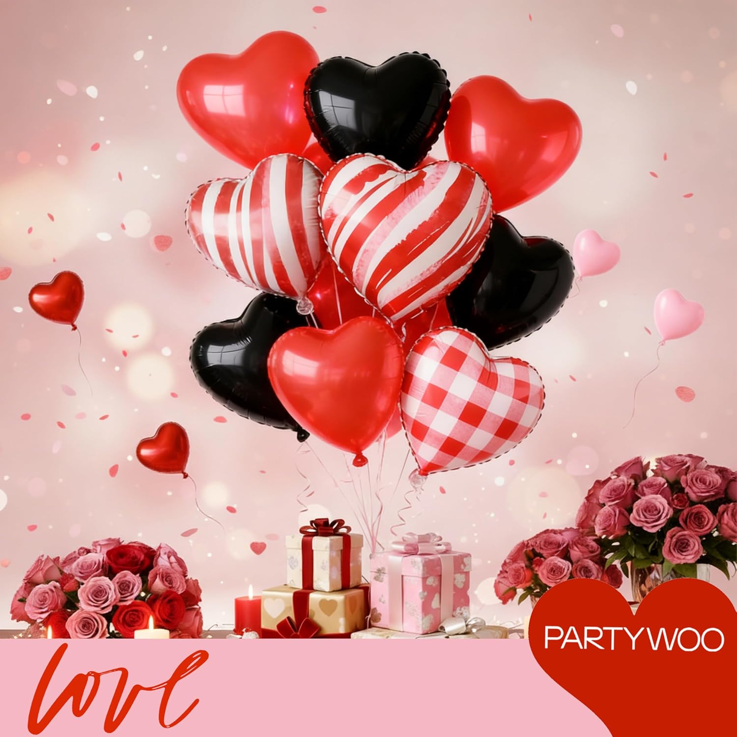 PartyWoo Pink Balloons Set - 127 Pcs in Various Sizes with Red & Black Heart Foil for Valentine's Day Decor