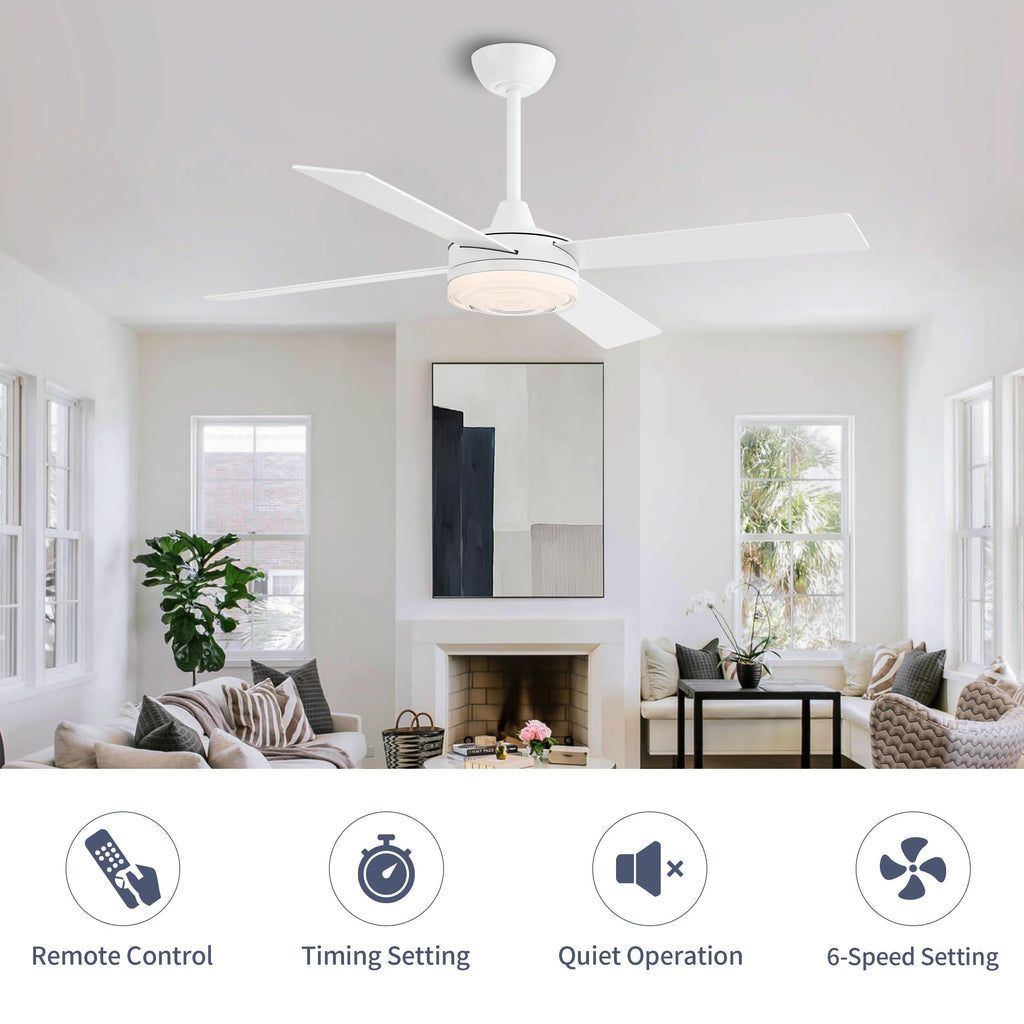 WINGBO 52 Inch Ceiling Fan with Lights and Remote, 3CCT, Modern Ceiling Fan with Ripple Glass Shade, 6-Speed Reversible DC Motor for Bedroom Living Room Kitchen Hallway, Gloss White