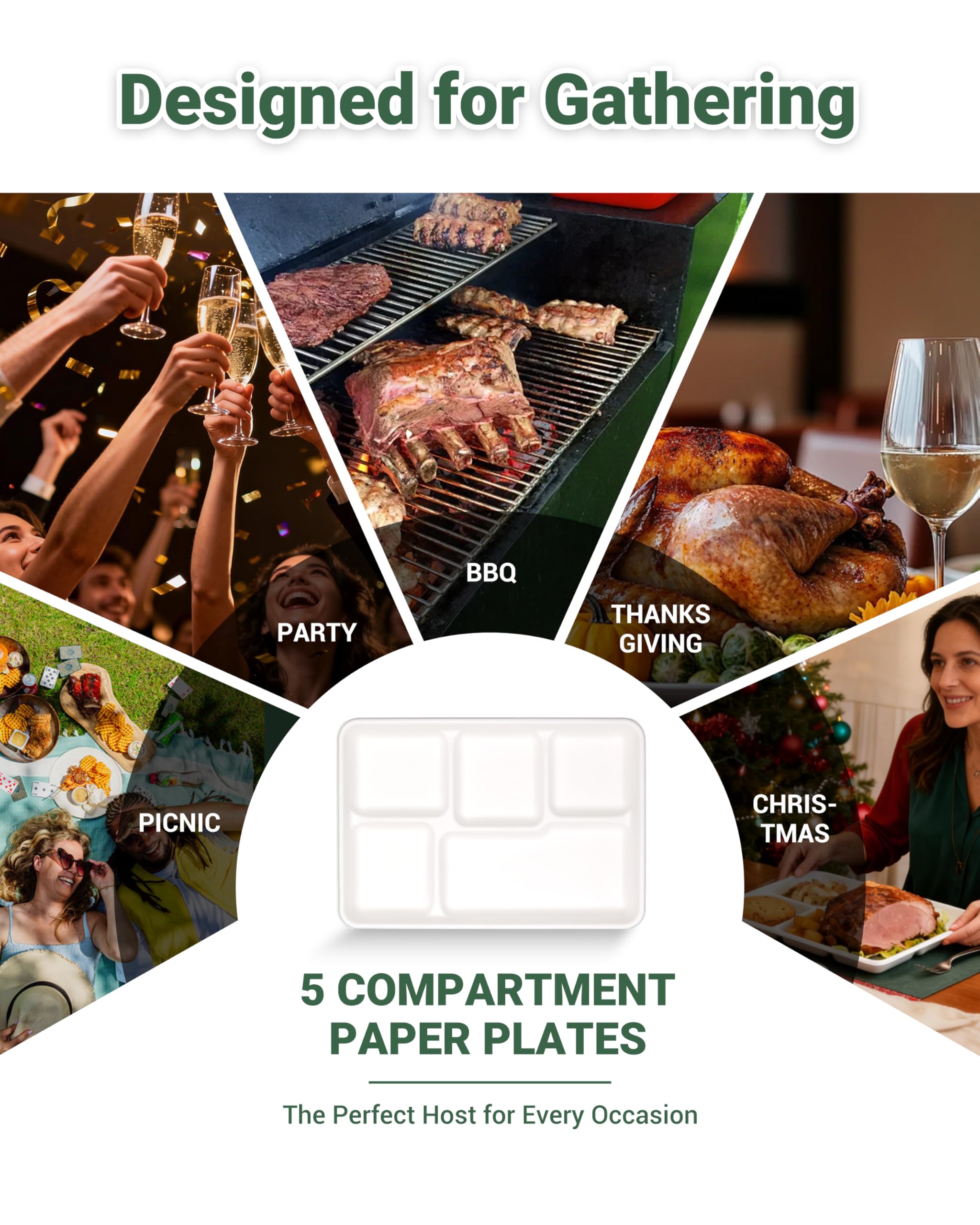 ZOES HOMEWARE 5 Compartment Plates Disposable, 100 Pack, 12.5" X 8.6" 100% Compostable Disposable Paper Plates with Dividers for School Lunch, Party, Buffet, Picnic