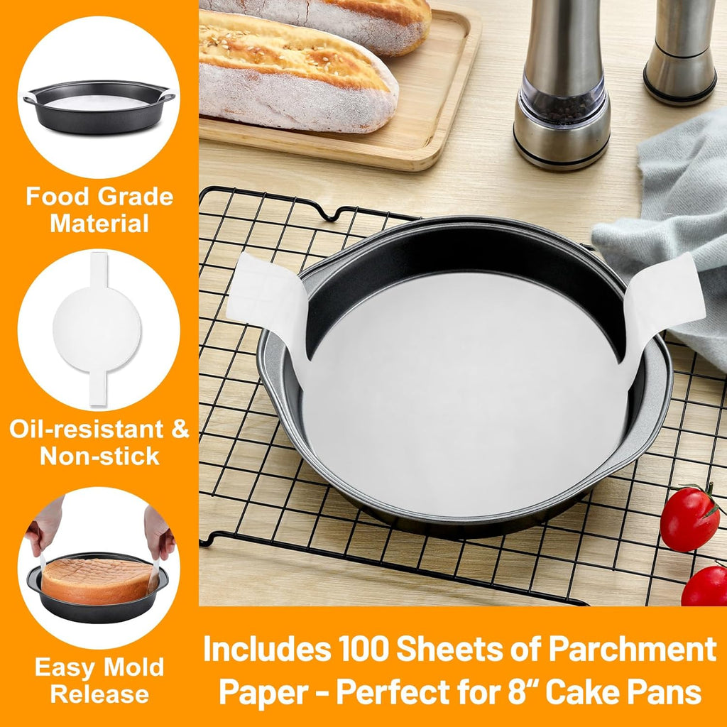 8 Inch Cake Pan Set by [Brand Name] - 3 Carbon Steel Round Pans with 100 Parchment Papers | Non-Stick & Healthy