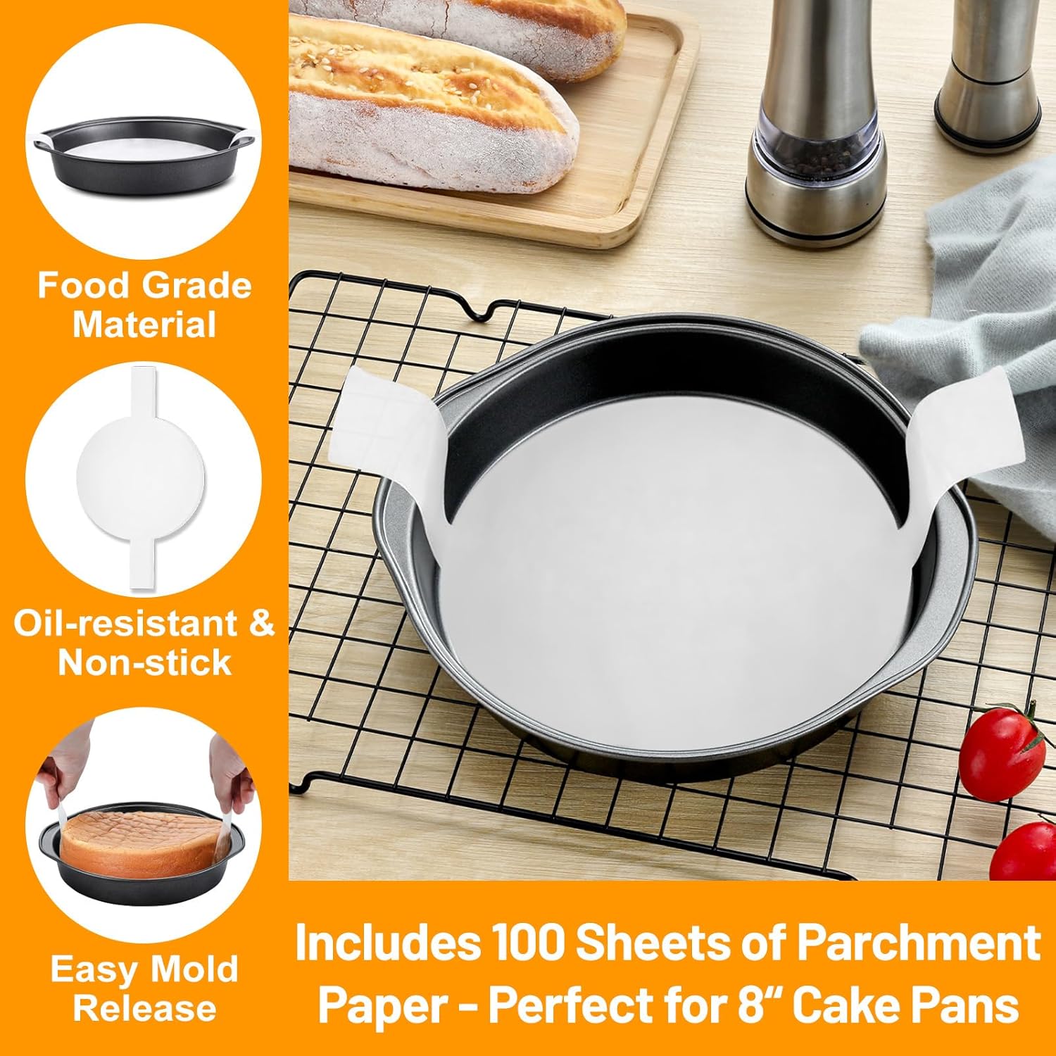 8 Inch Cake Pan Set by [Brand Name] - 3 Carbon Steel Round Pans with 100 Parchment Papers | Non-Stick & Healthy
