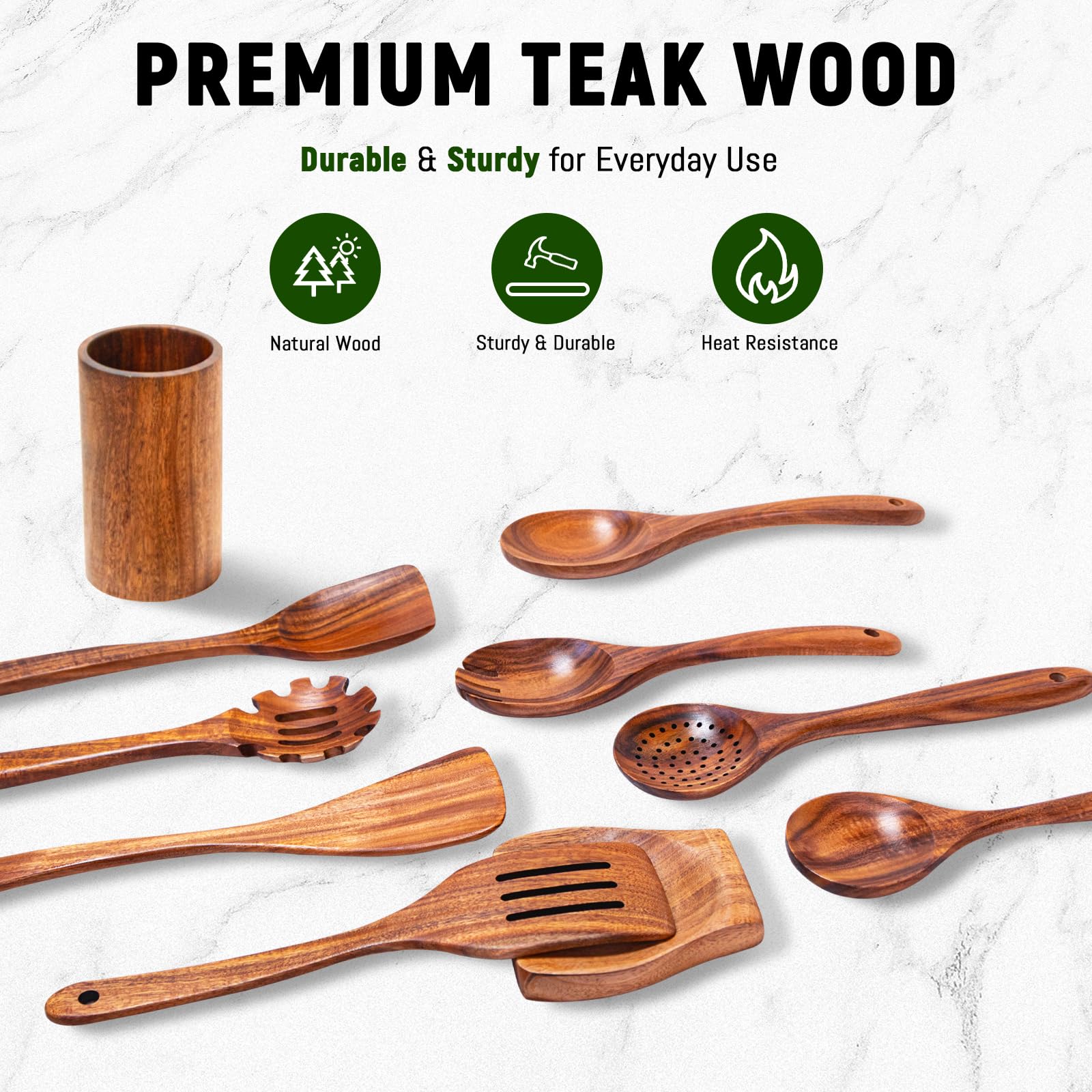 Vorisebo Wooden Spoons for Cooking, Natural Teak Wooden Utensils Set, 10 Piece Handmade Wood Kitchen Utensil Set with Holder and Spoon, Durable Nonstick Kitchen Cookware Tool