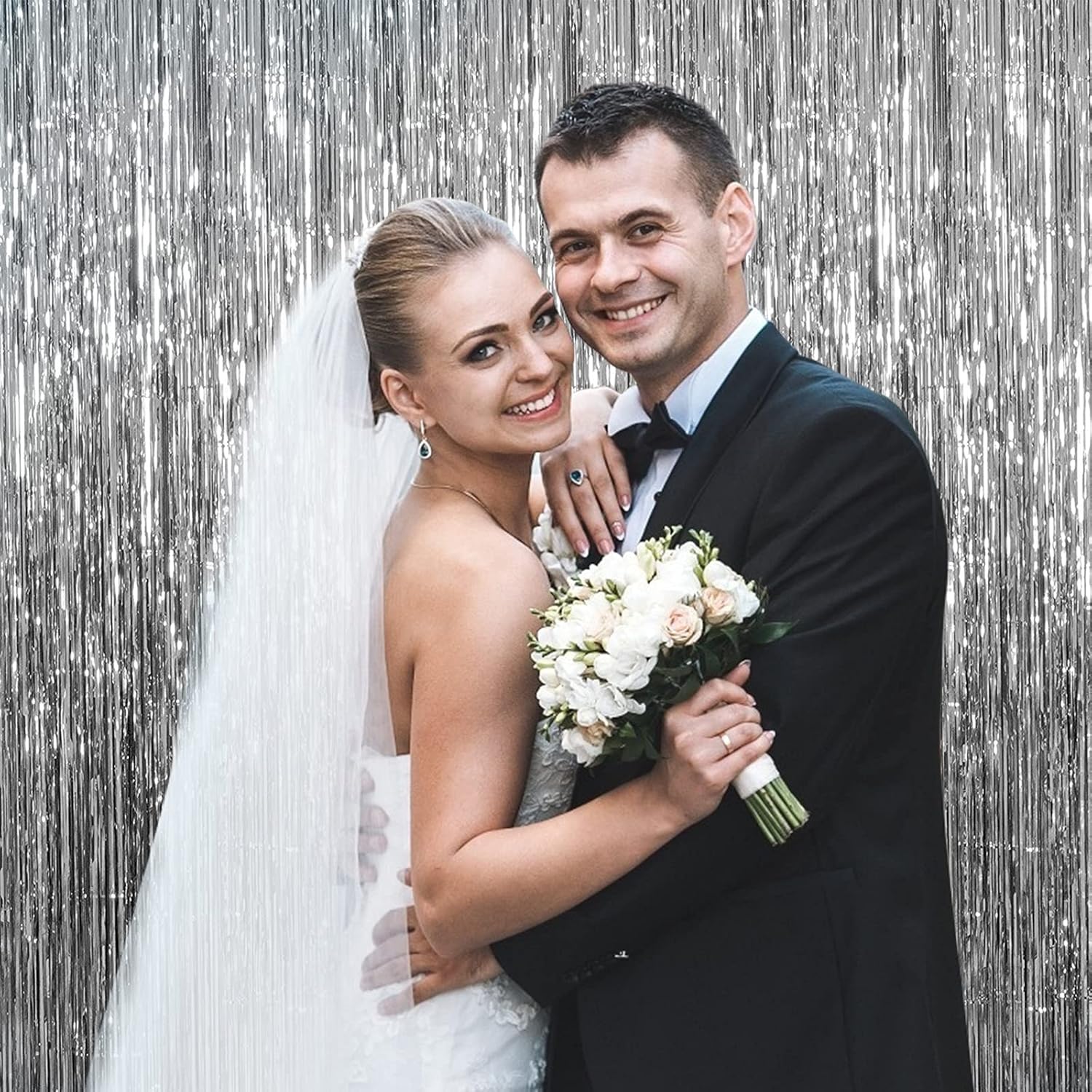 Skiennix Foil Curtain Backdrop - Silver Metallic Tinsel Fringe | 10 Pack for Parties & Celebrations
